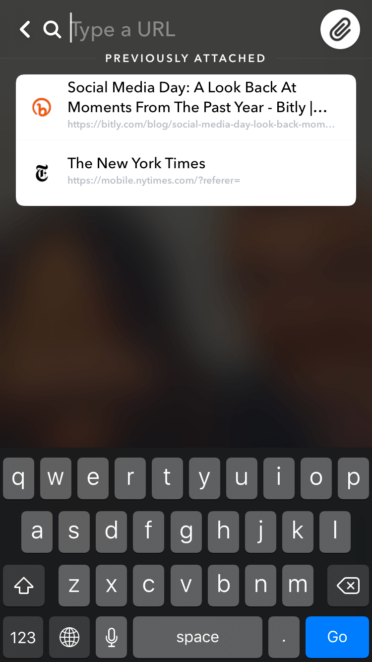 A screenshot of a phone using Snapchat to paste a URL into the app