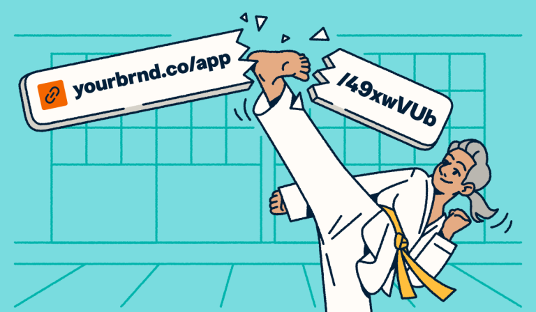 A martial artist breaking a long, generic URL with a high kick to reveal a custom branded short link.