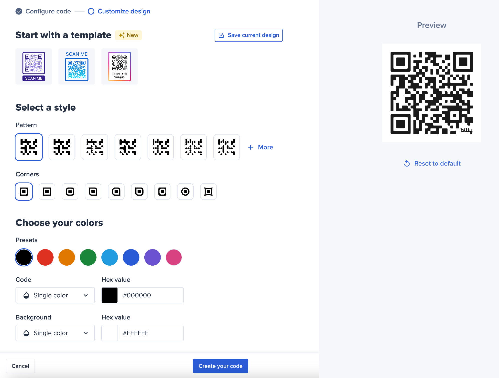 A screenshot showing the different templates, styles, and colors available to customize your QR Codes