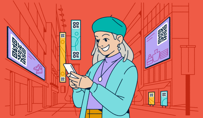 A woman standing in a city with digital advertisements featuring QR Codes around her. She's holding a smartphone in her hands.