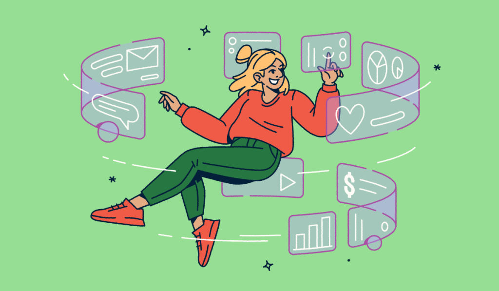 A woman floating in the air with screens swirling around her.
