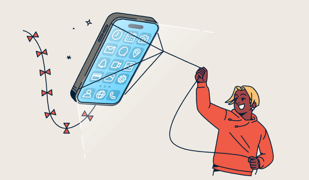 A person flying a mobile phone like a kite.