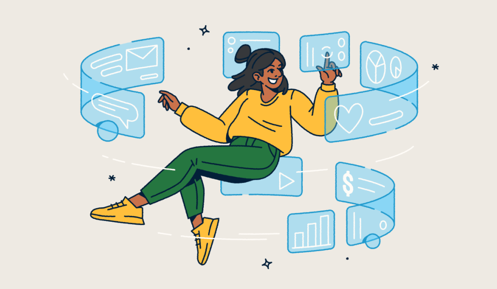 A woman floating in the air with screens swirling around her.