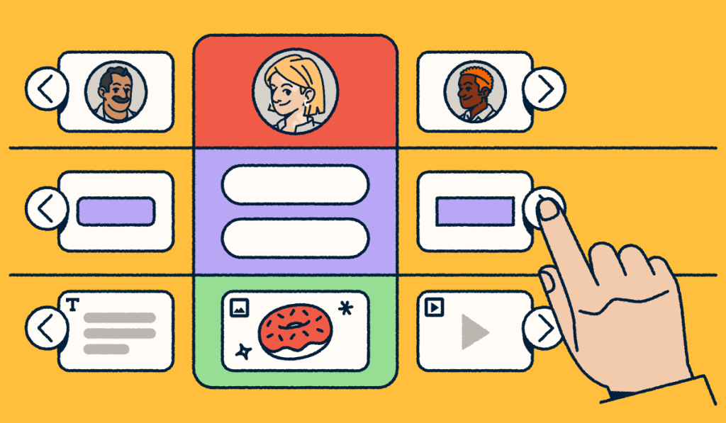 A customizable landing page selector with modules including profiles, buttons, text blocks, images, and video, with a hand selecting to build or edit a layout.