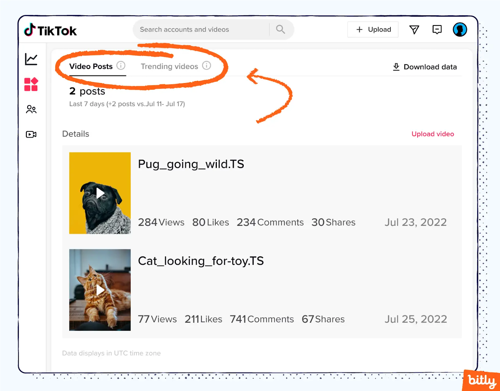 A screenshot highlighting where to find the 'video posts' and 'trending videos' sections in TikTok content analytics.