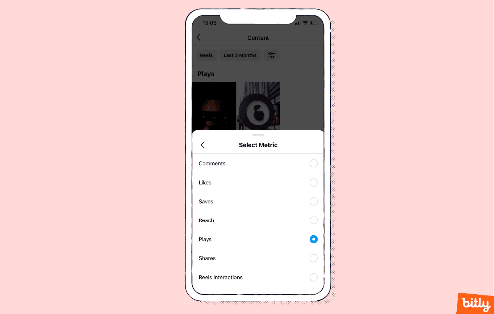 A list of Instagram analytics metrics displayed on a smartphone.