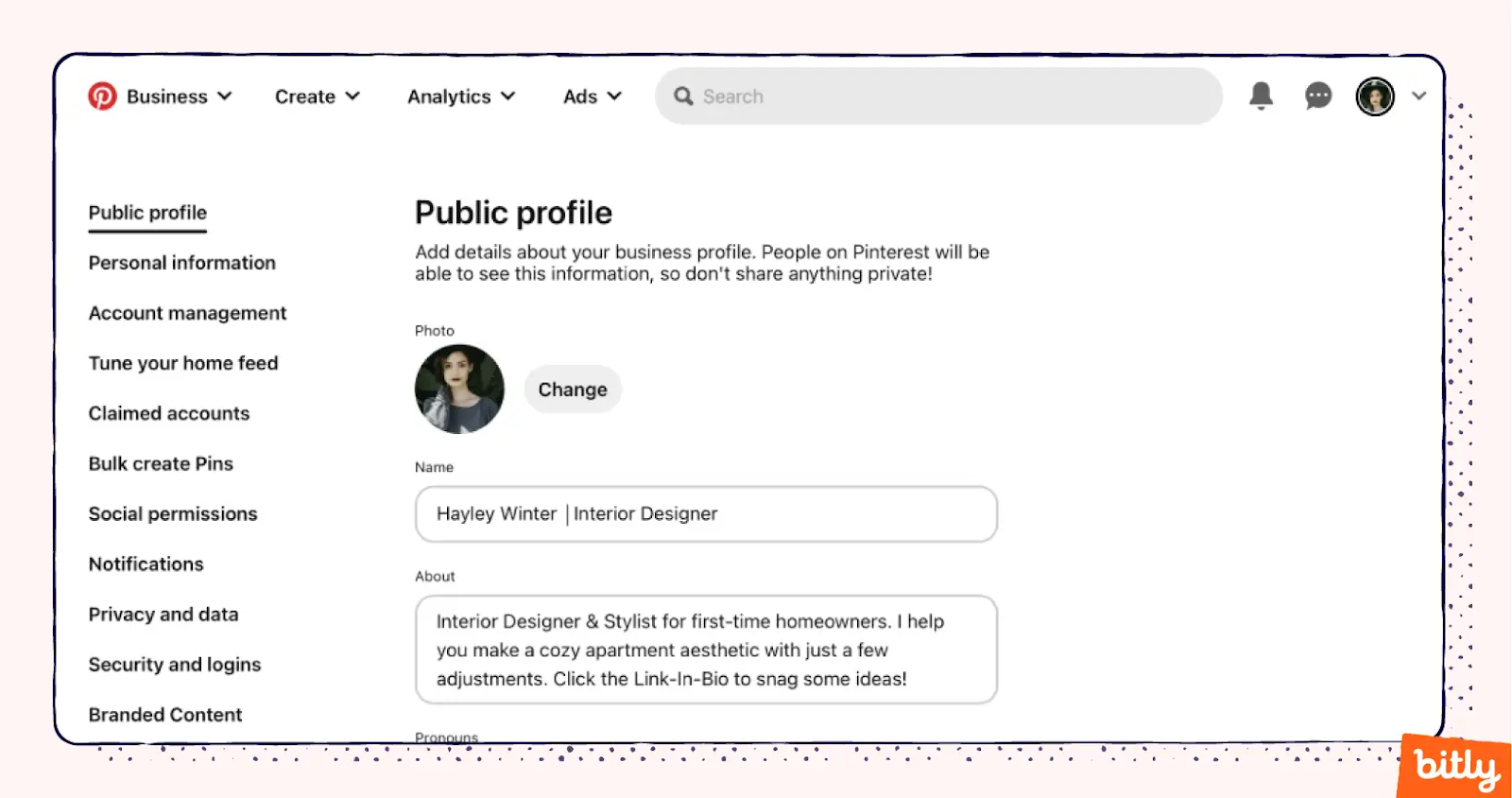 An example of how to fill in the Photo, Name, and About sections of a public profile on Pinterest