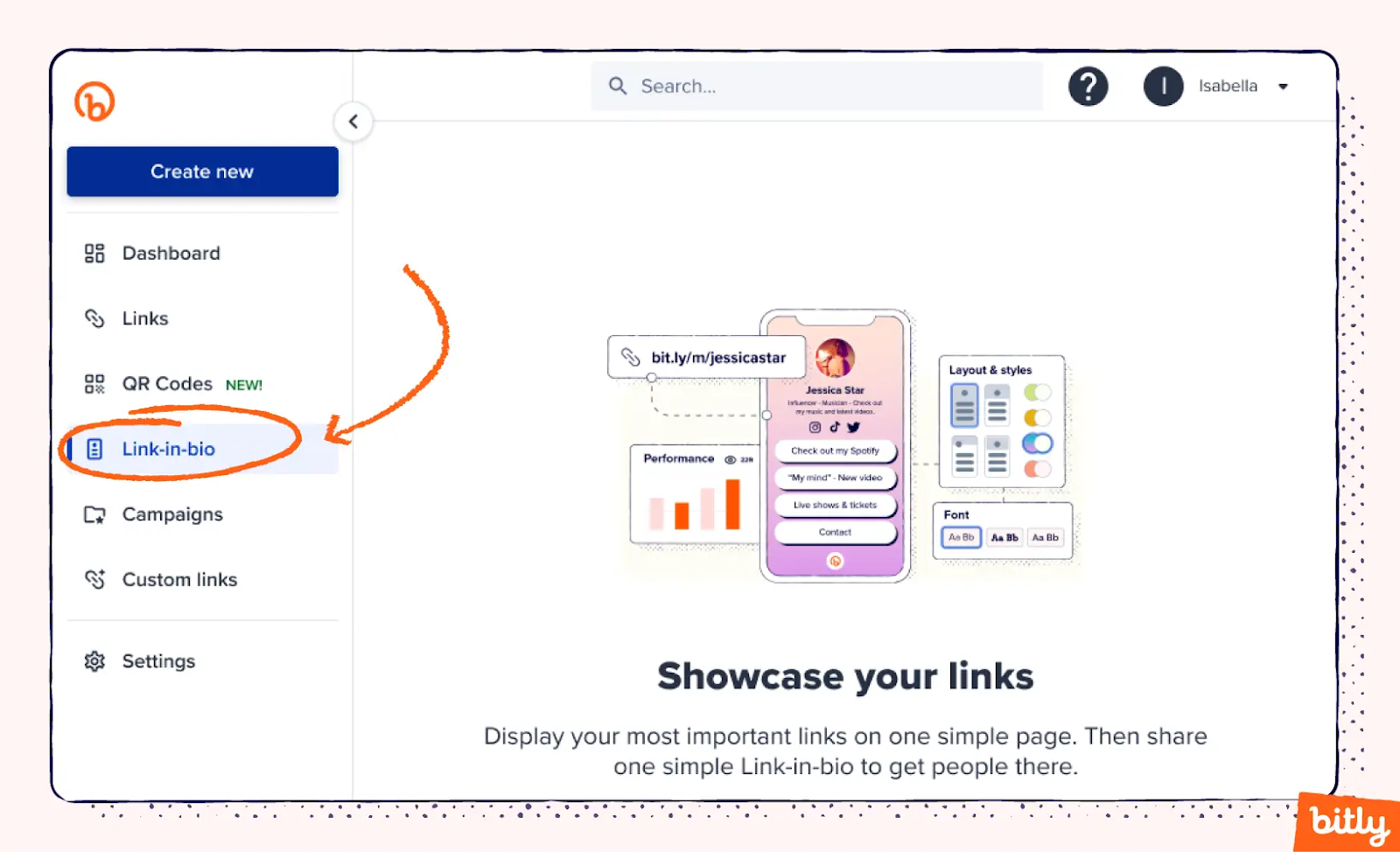 An example of where to find the Link-in-bio option on the left sidebar