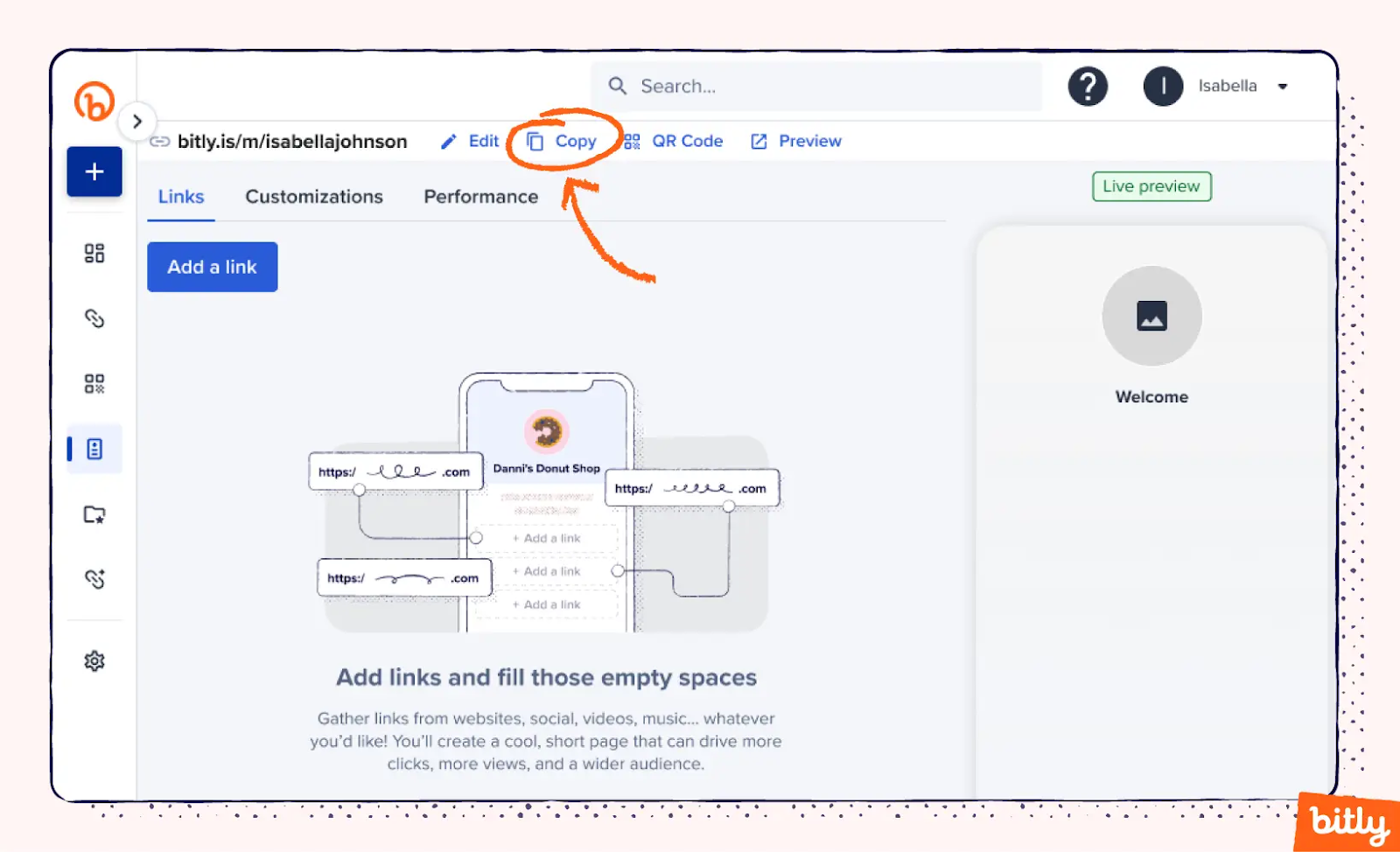 A screenshot showing where to click Copy on the Bitly site