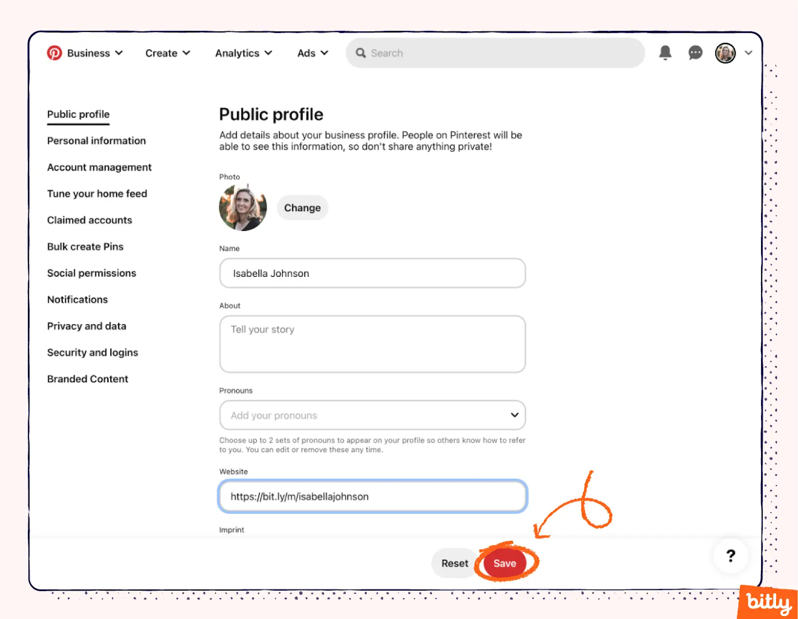 An example of how to save changes on a Pinterest profile