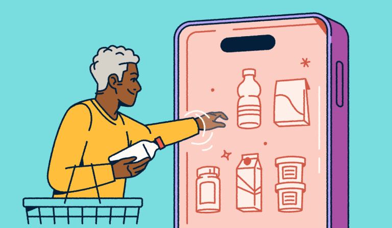A person holding a shopping basket and selecting consumer packaged goods from a mobile "fridge."