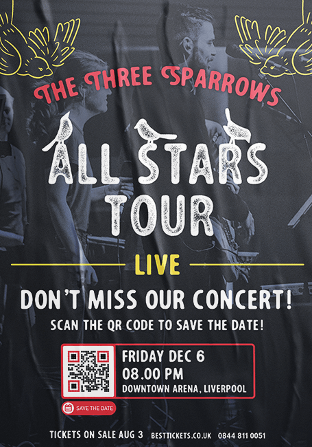 A QR Code flyer that invites users to scan for more information about a concert