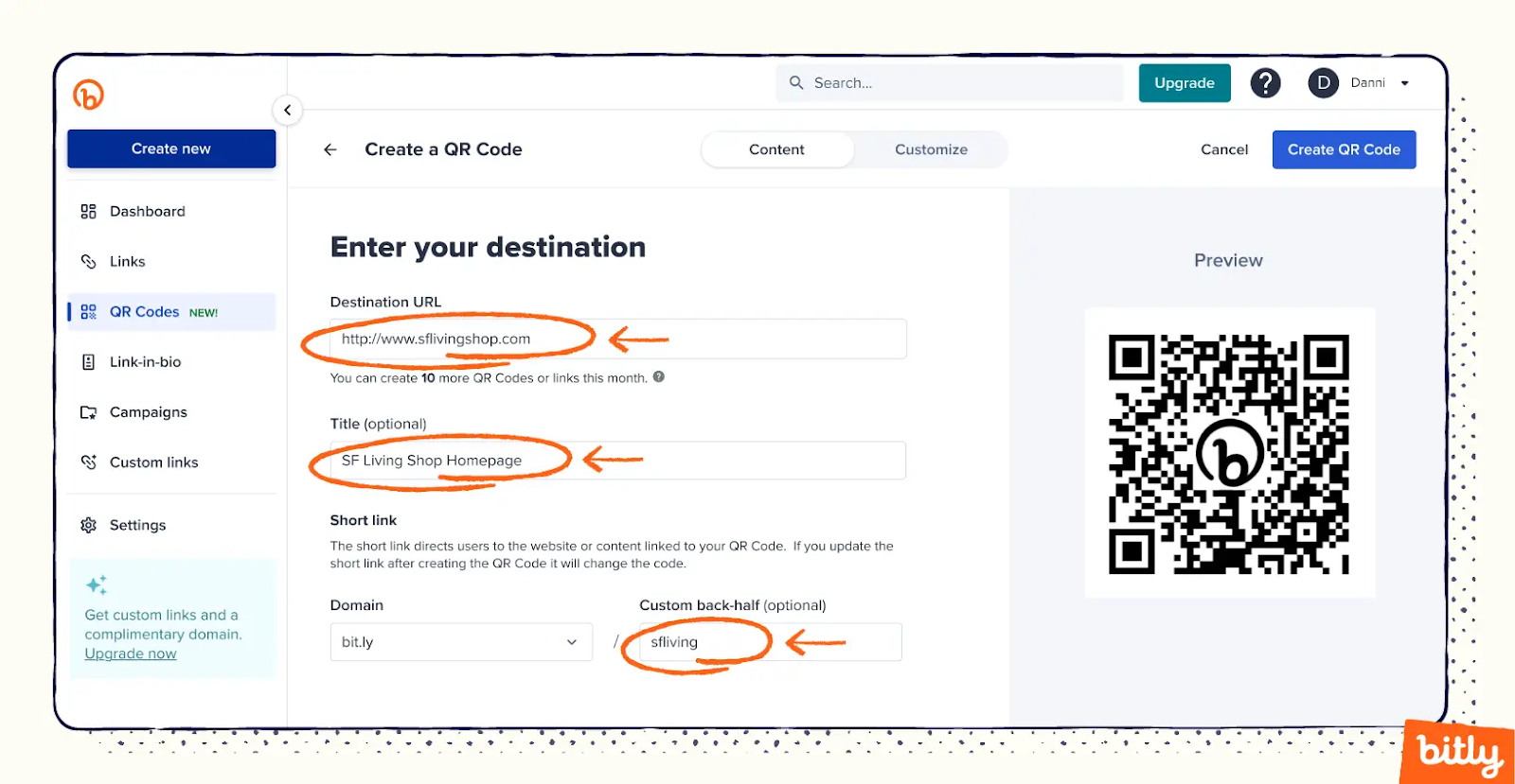 A screenshot example of how to enter the Destination URL, a Title, and Custom back-half for the link on Bitly