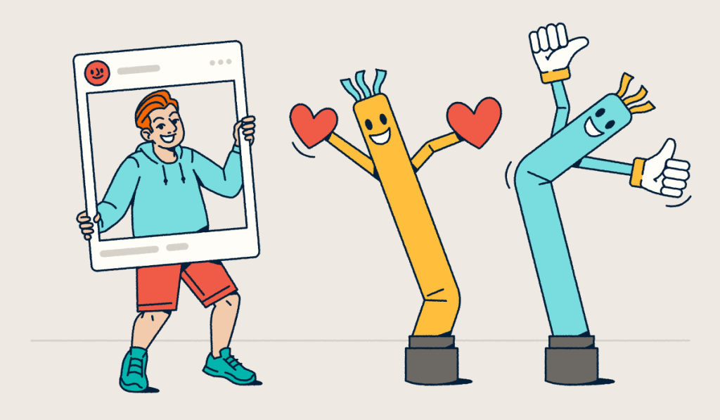 Engaging illustration of influencer marketing concept with a person holding a social media frame alongside animated inflatable tube characters with hearts and thumbs-up gestures, representing audience engagement, follower interactions, and the playful personality-driven nature of successful influencer campaigns.