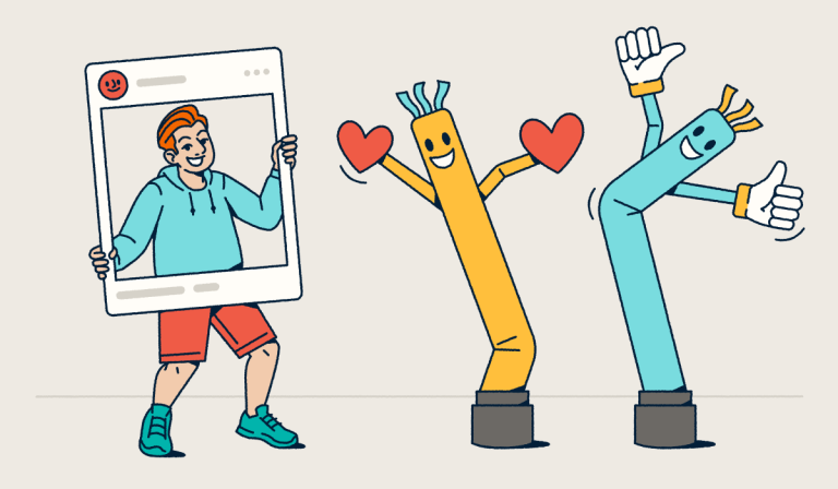 Engaging illustration of influencer marketing concept with a person holding a social media frame alongside animated inflatable tube characters with hearts and thumbs-up gestures, representing audience engagement, follower interactions, and the playful personality-driven nature of successful influencer campaigns.