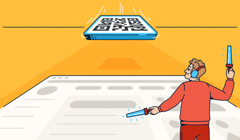 A person waving airport marshalling wands on a landing strip. They are guiding a QR Code to land.