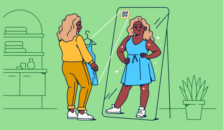 A woman in an orange outfit standing in front of a floor-length mirror with an AR QR Code on it. She's holding a blue dress that's from the QR Code, and her reflection shows her in the dress.