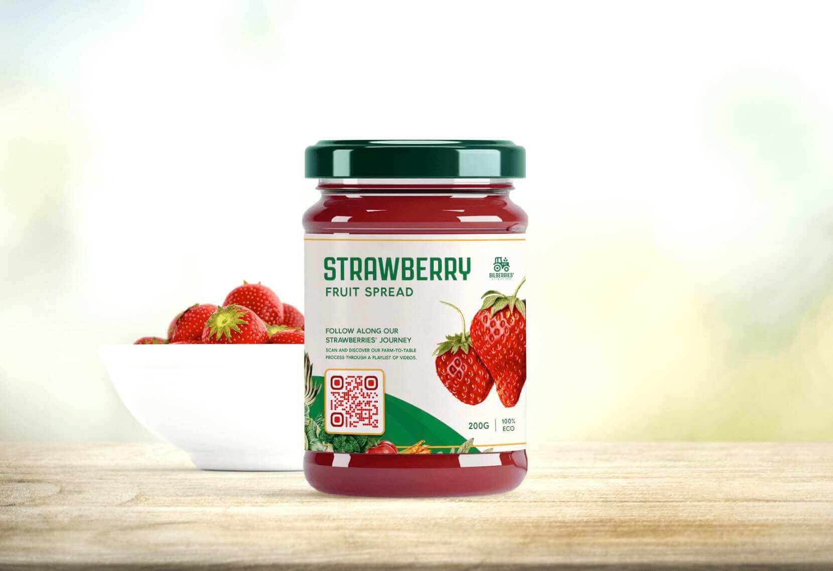 A QR Code on a jar of jam with text inviting the user to scan for more information.