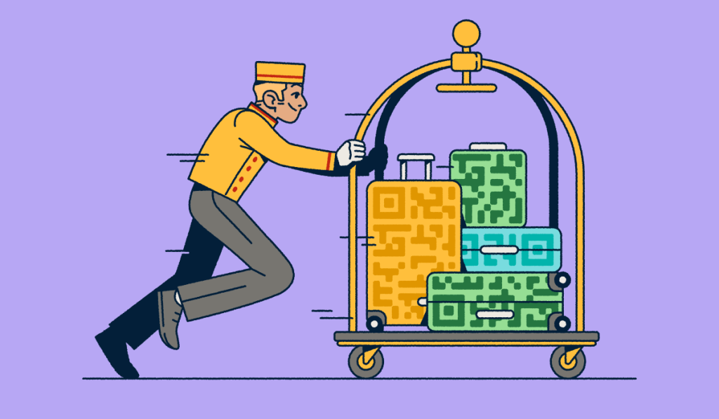A bellhop pushing a luggage cart with several suitcases that have QR Code prints on them.
