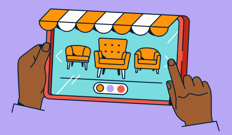 Hands holding a tablet that looks like a retail front with an awning. Furniture is displayed on the screen.