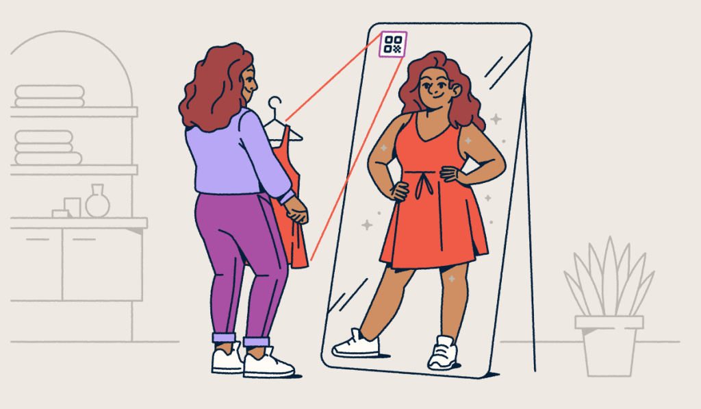 A woman in a purple outfit standing in front of a floor-length mirror with an AR QR Code on it. She's holding a red dress that's from the QR Code, and her reflection shows her in the dress.