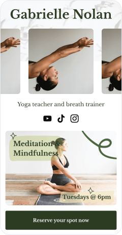 Image gallery of a woman doing yoga with social media icons in the middle, and a call to action at the bottom of the landing page.
