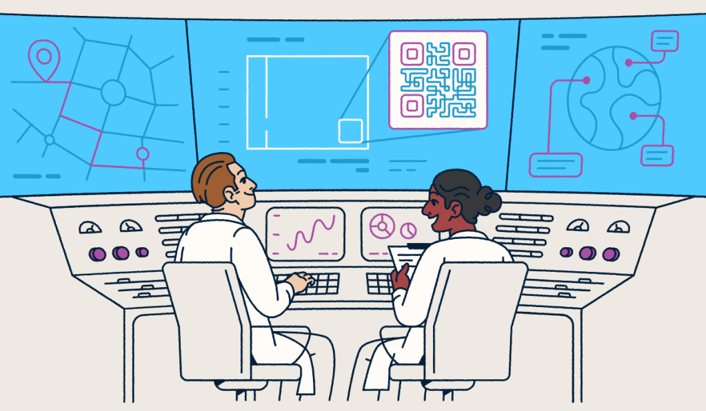 Two scientists sitting at a console looking at screens with QR Codes and graphs.