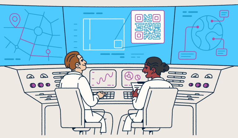 Two scientists sitting at a console looking at screens with QR Codes and graphs.