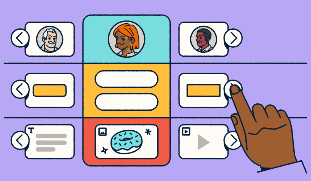A customizable landing page selector with modules including profiles, buttons, text blocks, images, and video, with a hand selecting to build or edit a layout.