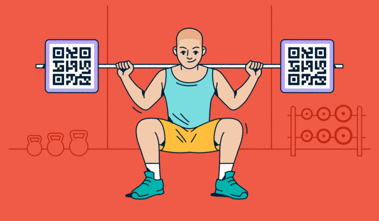 A person doing a squat with a barbell. The weights on the ends are QR Codes.