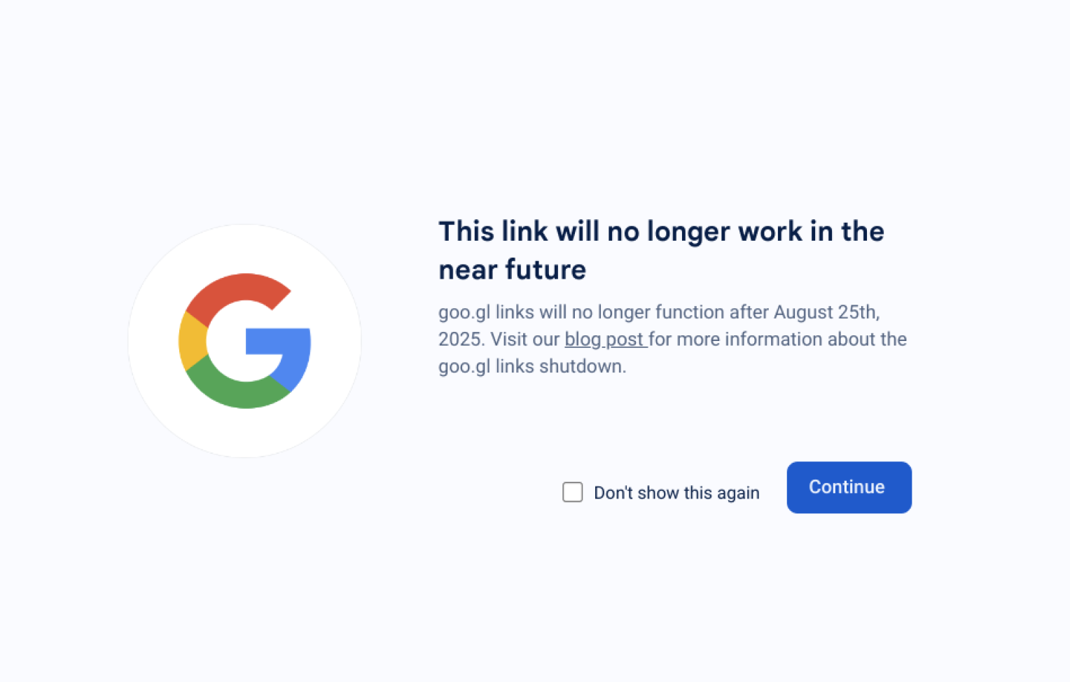 Warning message from Google that the link will no longer work after August 25, 2025.