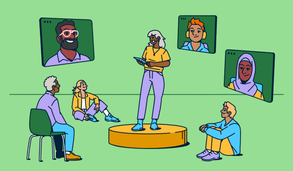 Illustration showing a hybrid meeting in action: a person presents from a circular stage while some attendees sit nearby in-person and others join remotely through video screens. The diverse group highlights how today's conferences blend virtual and in-person experiences to connect everyone regardless of location.