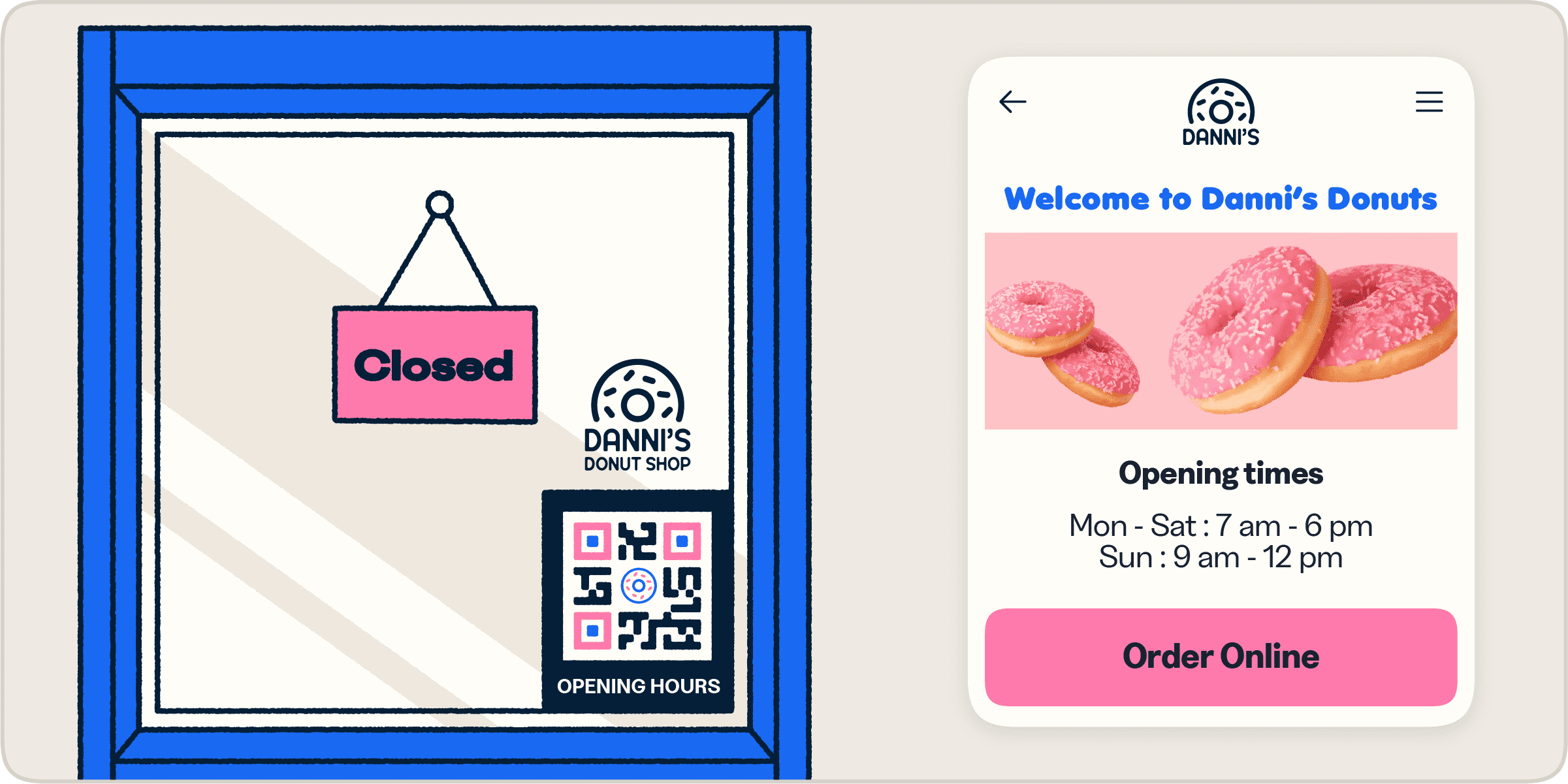 Danni’s Donut Shop storefront displaying a customized QR Code next to the display of the shop’s online store.