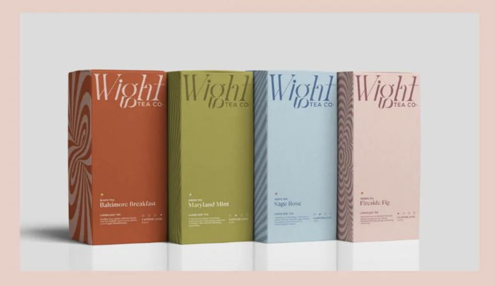 Four colorful tea packages featuring Wight Tea's unique blends.