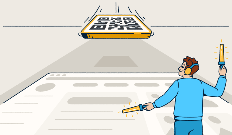 A person waving airport marshalling wands on a landing strip. They are guiding a QR Code to land.