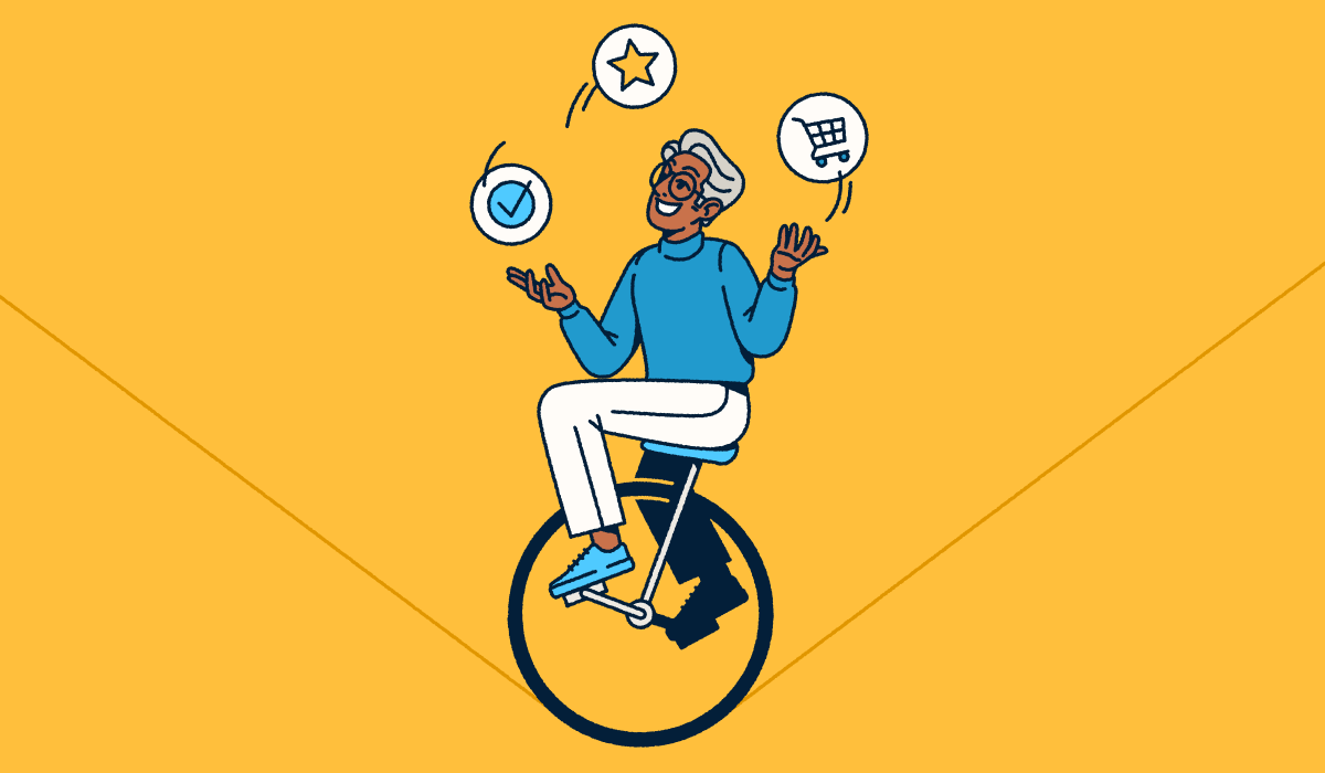 Person on a unicycle thinking through different options for interacting with customers.