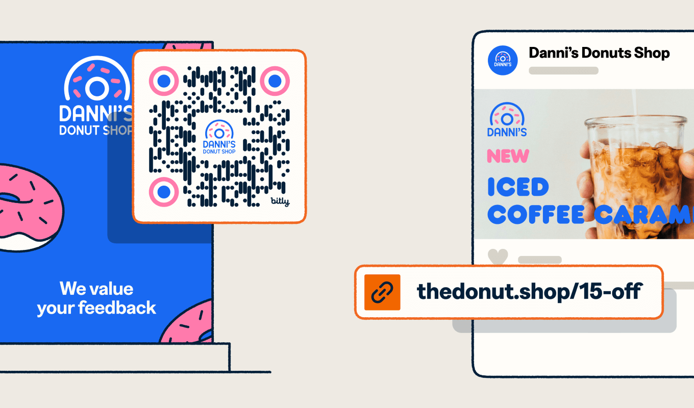 Two Adobe Express designs featuring a Bitly QR Code and a Bitly short link, showcasing the power of the two platforms combined.