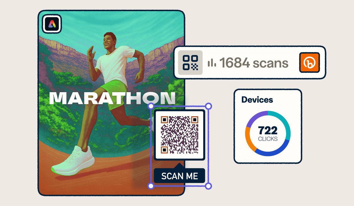 An Adobe Express design with an illustration of a marathon runner on it. There's a Bitly QR Code and different scan statistic boxes around it.