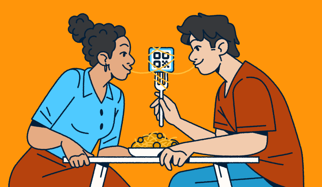 A couple sitting at a table sharing a bowl of spaghetti and meatballs. One partner is holding a fork with a QR Code on it and a piece of spaghetti wrapped around it. They each have one end of the noodle in their mouth.
