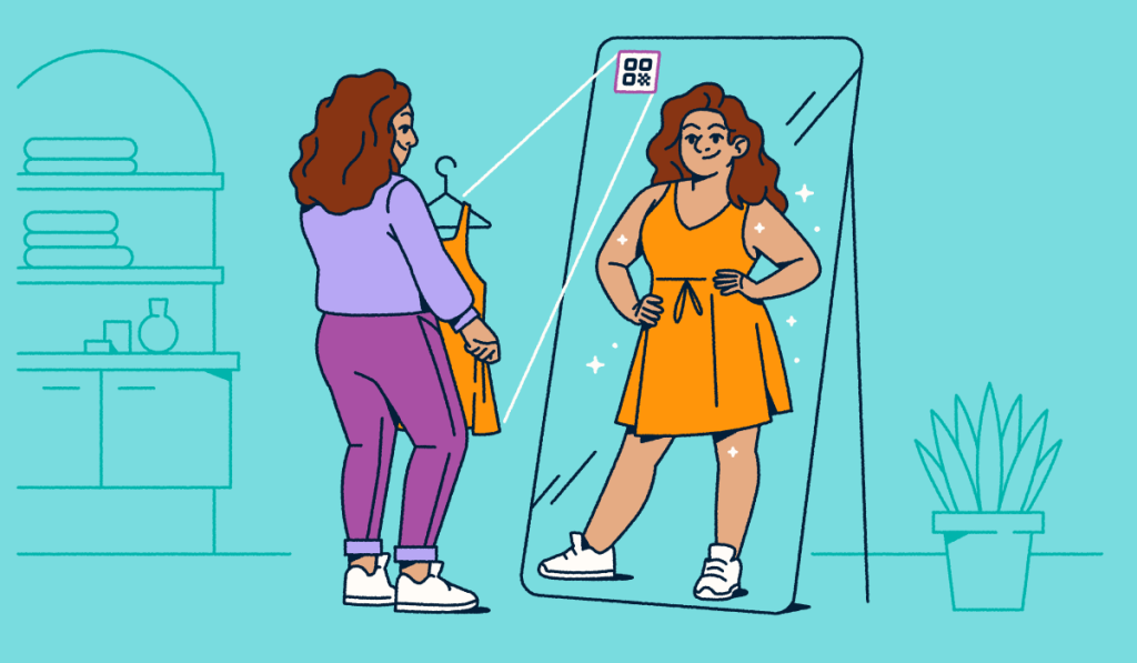 A woman in a purple outfit standing in front of a floor-length mirror with an AR QR Code on it. She's holding an orange dress that's from the QR Code, and her reflection shows her in the dress.