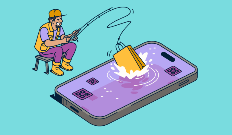 A fisherman fishing from an smartphone with a shopping bag on the end of his hook.