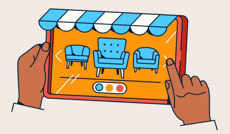 Hands holding a tablet that looks like a retail front with an awning. Furniture is displayed on the screen.