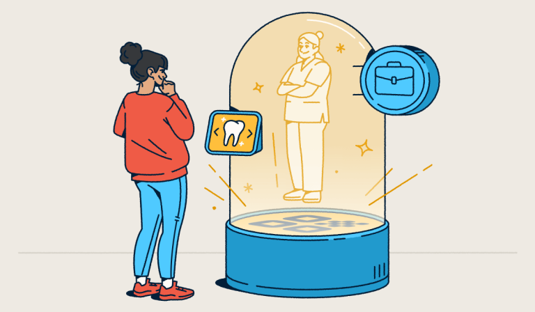 A person views a holographic figure inside a snow-globe-like container, emerging from a QR Code welcome mat. A screen allows the person to select a service.