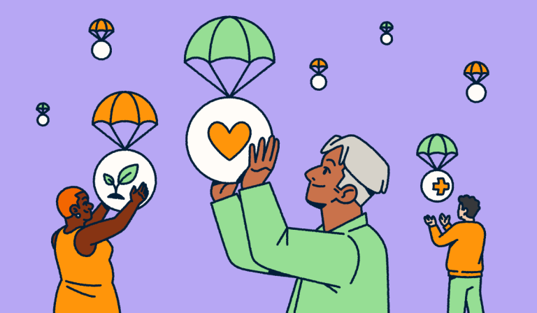 Diverse volunteers supporting nonprofit causes with parachuting icons representing healthcare, environmental sustainability, and compassionate community services.