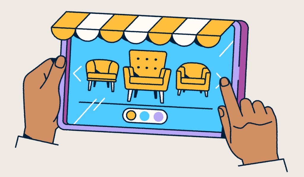 Hands holding a tablet that looks like a retail front with an awning. Furniture is displayed on the screen.