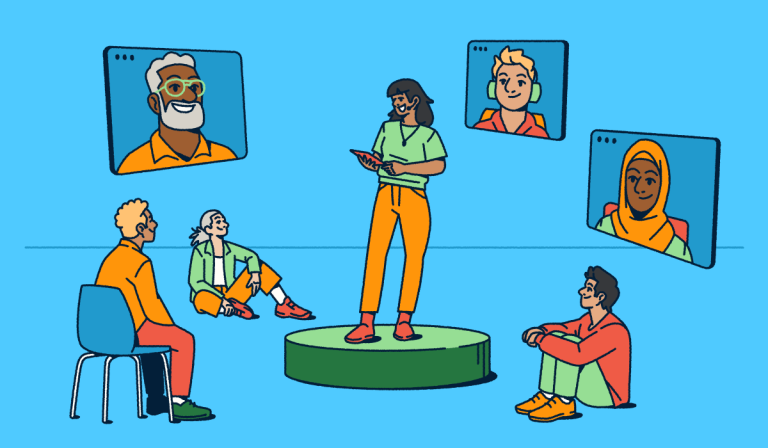 Illustration showing a hybrid meeting in action: a person presents from a circular stage while some attendees sit nearby in-person and others join remotely through video screens. The diverse group highlights how today's conferences blend virtual and in-person experiences to connect everyone regardless of location.