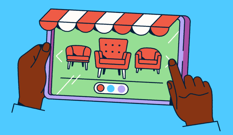Hands holding a tablet that looks like a retail front with an awning. Furniture is displayed on the screen.