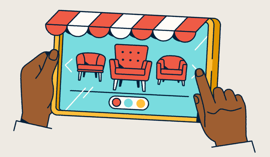 Hands holding a tablet that looks like a retail front with an awning. Furniture is displayed on the screen.
