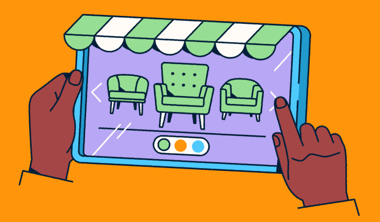 Hands holding a tablet that looks like a retail front with an awning. Furniture is displayed on the screen.