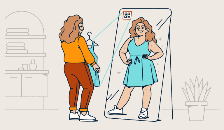 A woman in an orange and red outfit standing in front of a floor-length mirror with an AR QR Code on it. She's holding a blue dress that's from the QR Code, and her reflection shows her in the dress.